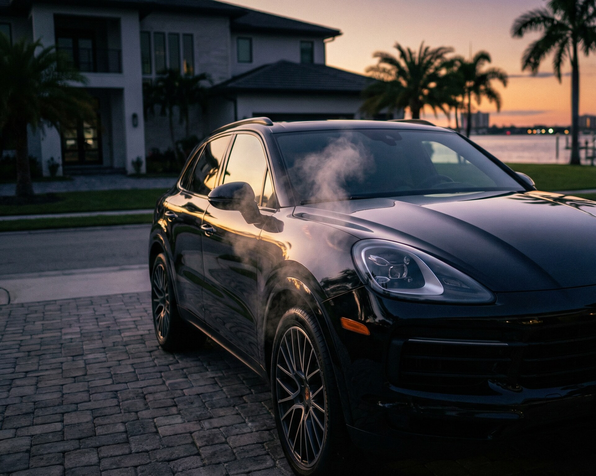 Kingsmaid steam detailing a black Porsche at a Tampa Bay waterfront estate at dusk