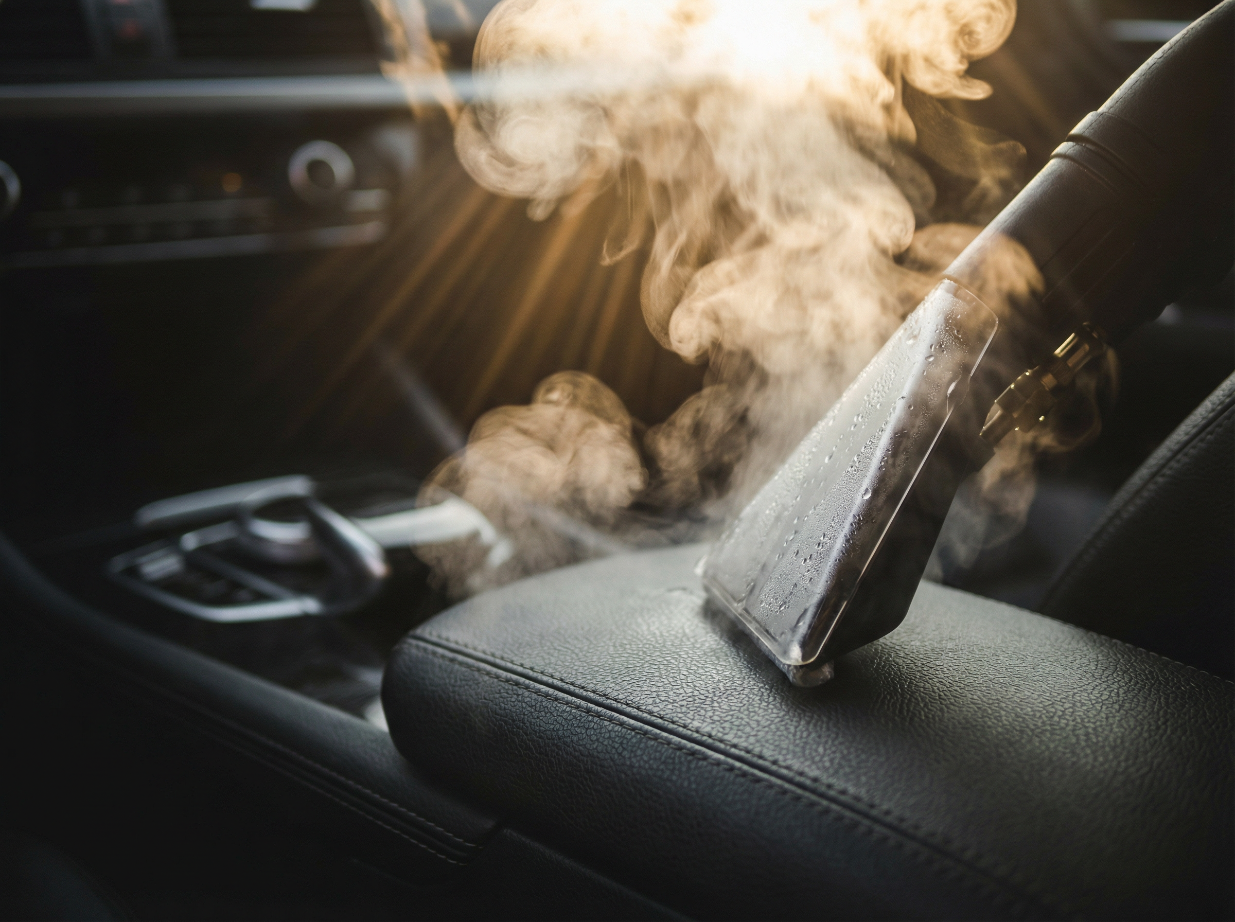 Commercial steam nozzle cleaning luxury leather interior