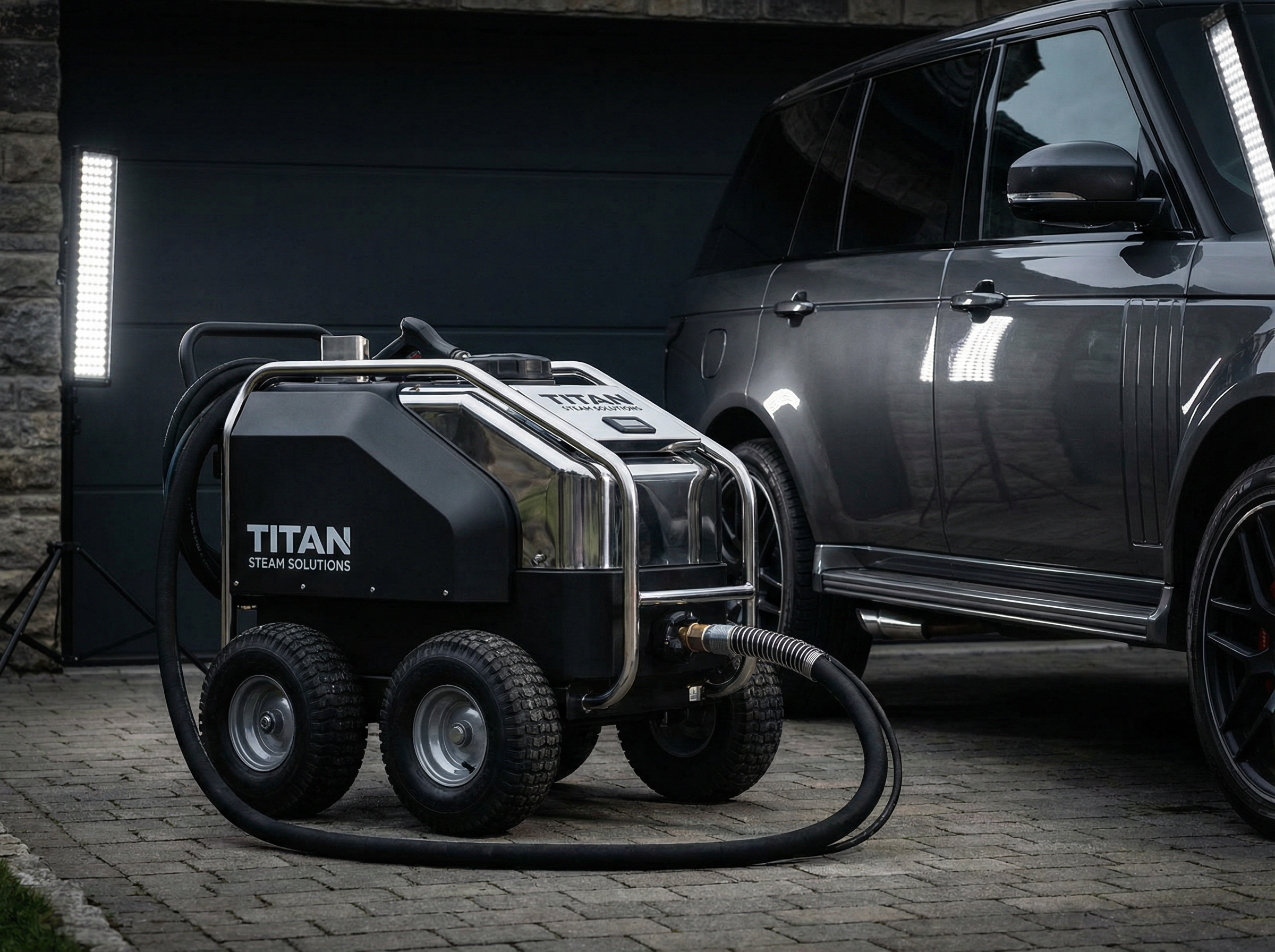Kingsmaid commercial diesel steam generator beside a Range Rover